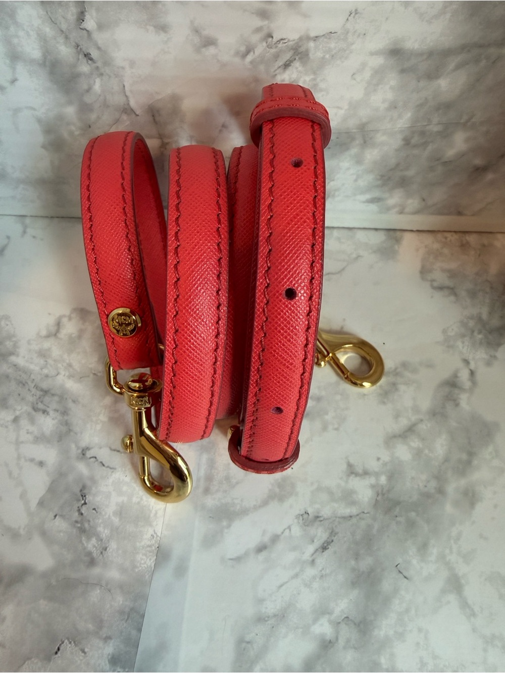 MCM Coral Red Leather Adjustable Shoulder Strap with Gold Hardware